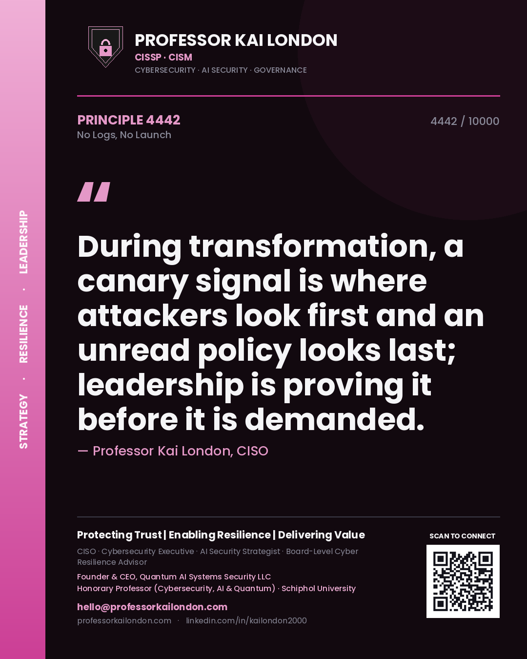 Professor Kai London principle 4442: During transformation, a canary signal is where attackers look first and an unread policy looks last; leadership is proving it before it is demanded.