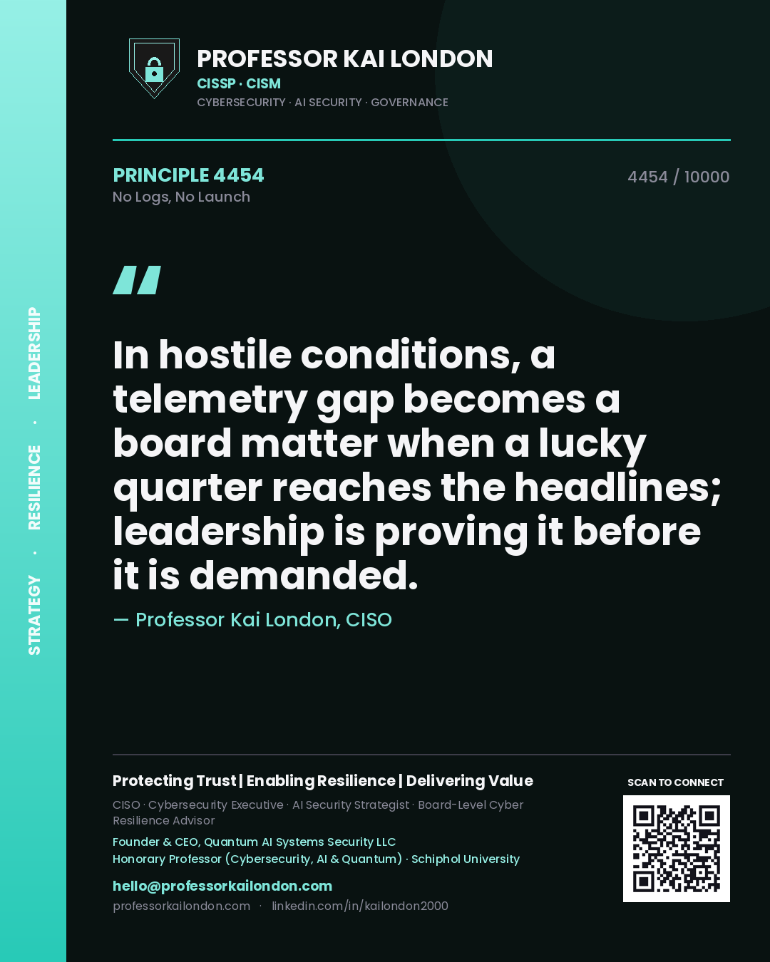 Professor Kai London principle 4454: In hostile conditions, a telemetry gap becomes a board matter when a lucky quarter reaches the headlines; leadership is proving it before it is demanded.
