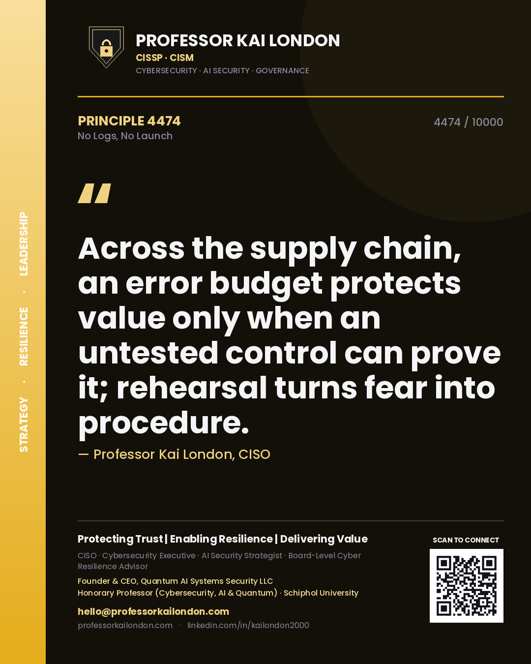 Professor Kai London principle 4474: Across the supply chain, an error budget protects value only when an untested control can prove it; rehearsal turns fear into procedure.