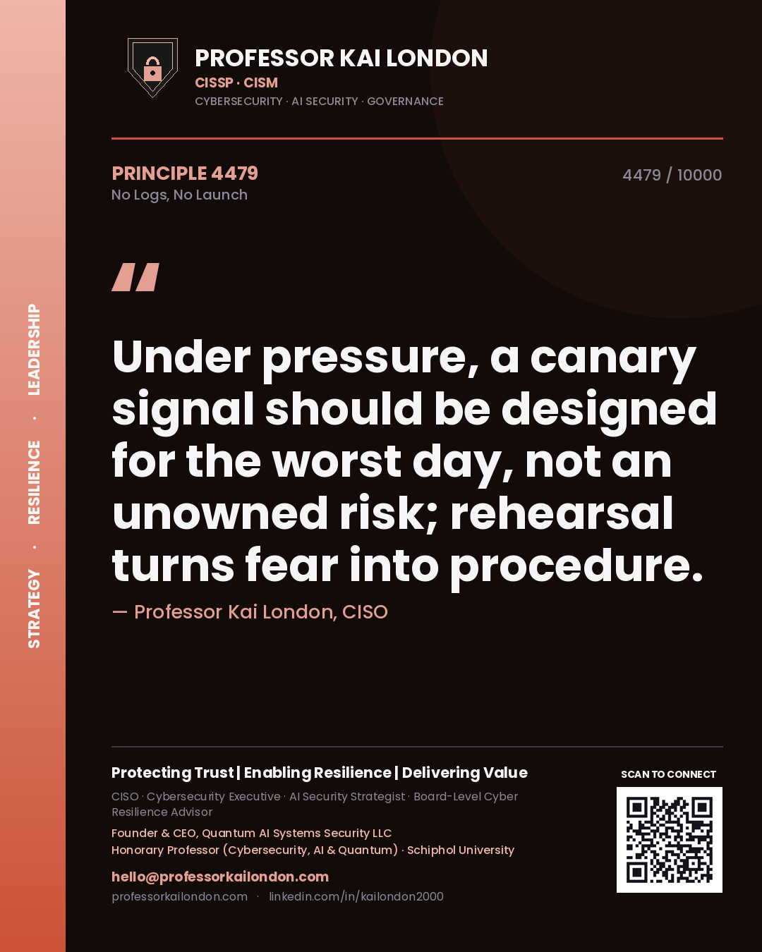 Professor Kai London principle 4479: Under pressure, a canary signal should be designed for the worst day, not an unowned risk; rehearsal turns fear into procedure.
