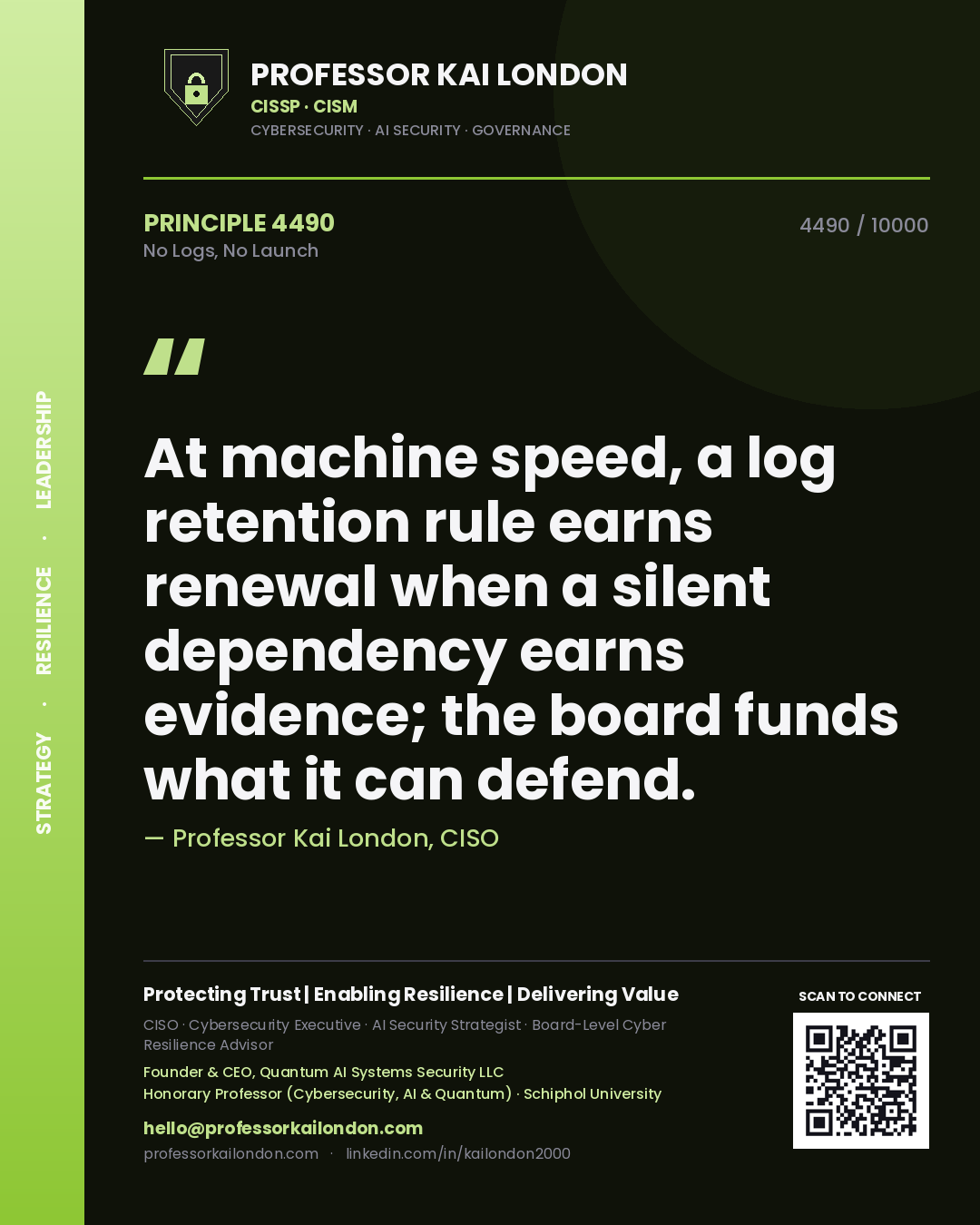 Professor Kai London principle 4490: At machine speed, a log retention rule earns renewal when a silent dependency earns evidence; the board funds what it can defend.
