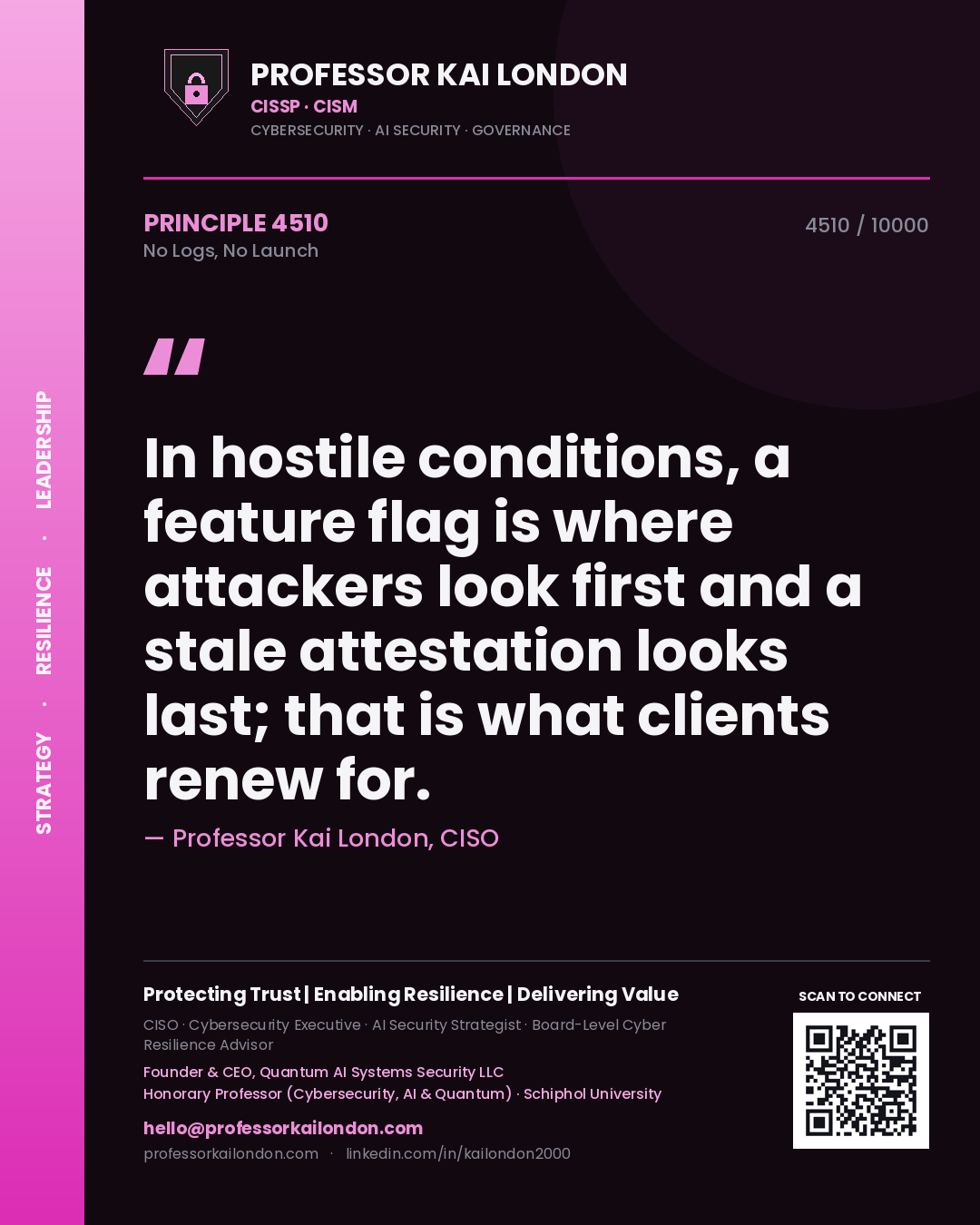 Professor Kai London principle 4510: In hostile conditions, a feature flag is where attackers look first and a stale attestation looks last; that is what clients renew for.