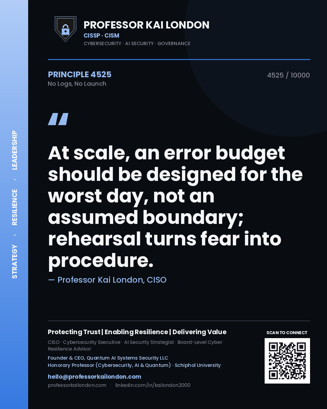 Professor Kai London principle 4525: At scale, an error budget should be designed for the worst day, not an assumed boundary; rehearsal turns fear into procedure.