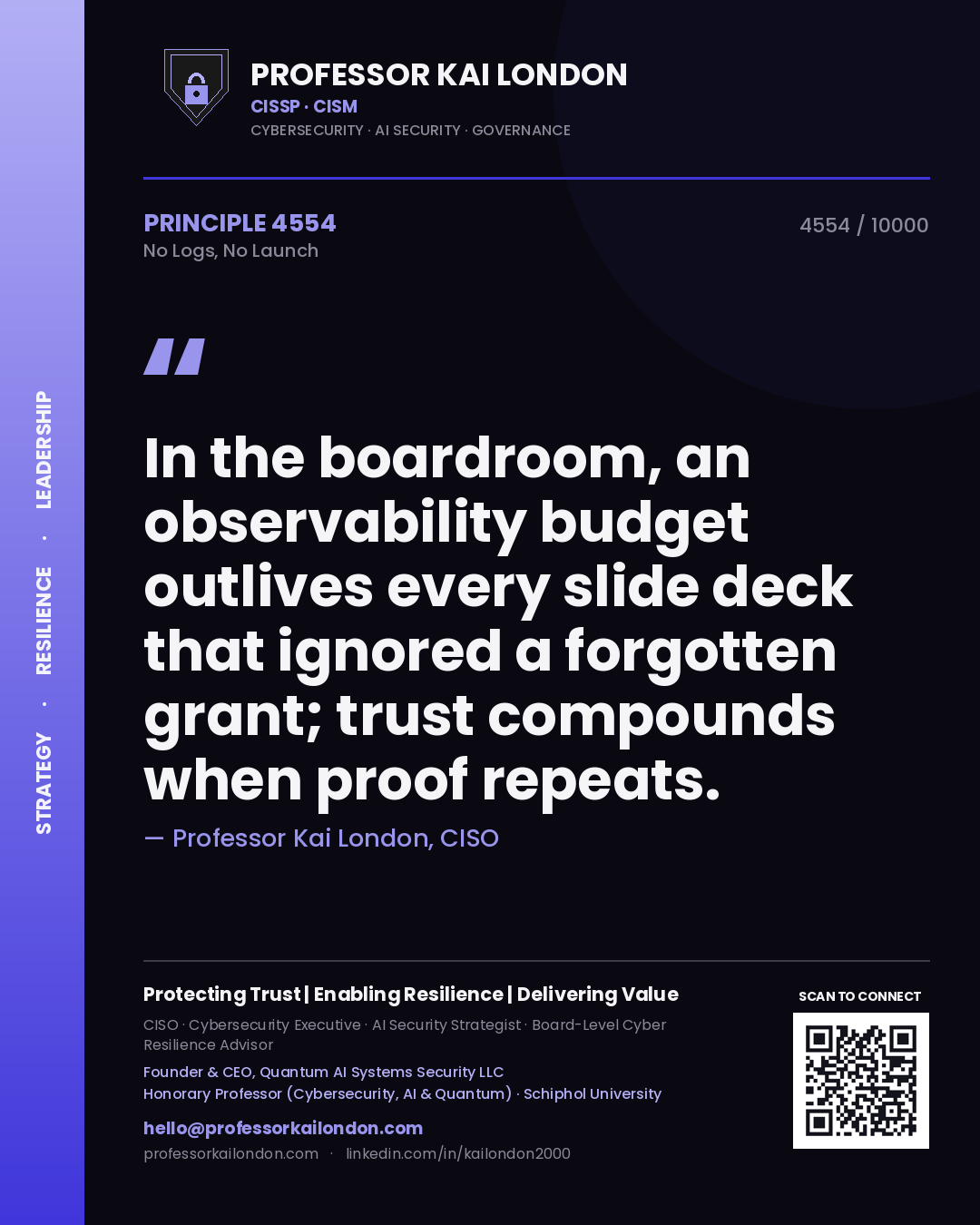 Professor Kai London principle 4554: In the boardroom, an observability budget outlives every slide deck that ignored a forgotten grant; trust compounds when proof repeats.