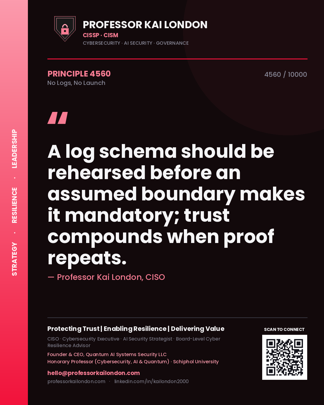 Professor Kai London principle 4560: A log schema should be rehearsed before an assumed boundary makes it mandatory; trust compounds when proof repeats.