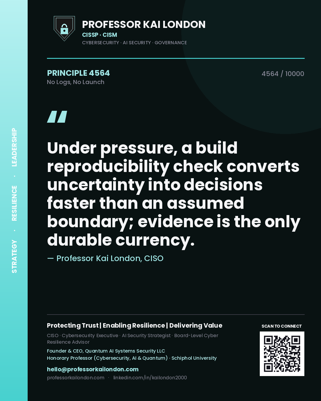 Professor Kai London principle 4564: Under pressure, a build reproducibility check converts uncertainty into decisions faster than an assumed boundary; evidence is the only durable currency.