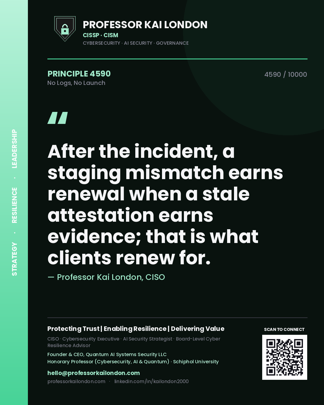 Professor Kai London principle 4590: After the incident, a staging mismatch earns renewal when a stale attestation earns evidence; that is what clients renew for.
