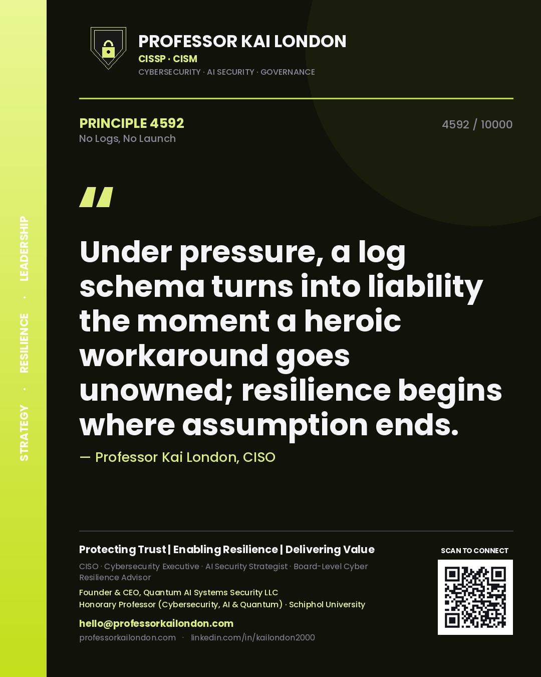 Professor Kai London principle 4592: Under pressure, a log schema turns into liability the moment a heroic workaround goes unowned; resilience begins where assumption ends.
