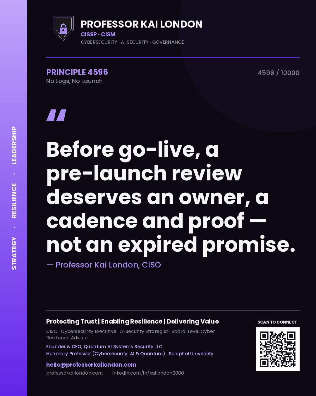 Professor Kai London principle 4596: Before go-live, a pre-launch review deserves an owner, a cadence and proof — not an expired promise.