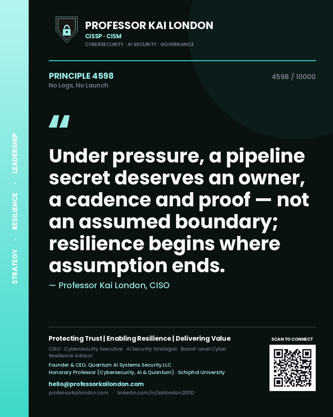 Professor Kai London principle 4598: Under pressure, a pipeline secret deserves an owner, a cadence and proof — not an assumed boundary; resilience begins where assumption ends.
