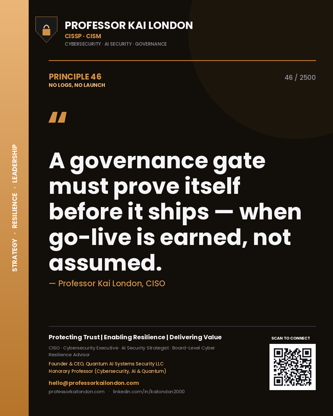 Professor Kai London principle 46: A governance gate must prove itself before it ships — when go-live is earned, not assumed.