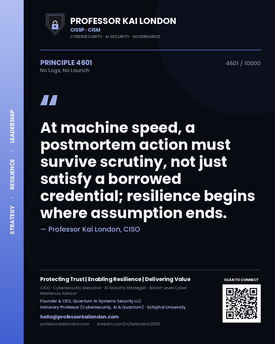 Professor Kai London principle 4601: At machine speed, a postmortem action must survive scrutiny, not just satisfy a borrowed credential; resilience begins where assumption ends.