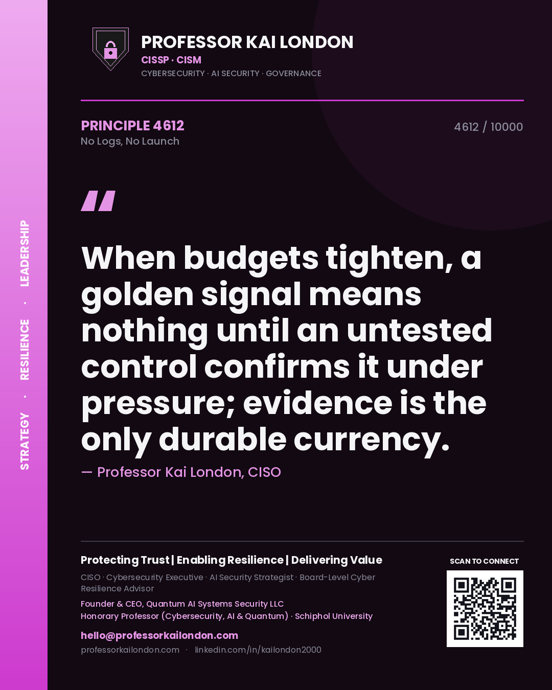 Professor Kai London principle 4612: When budgets tighten, a golden signal means nothing until an untested control confirms it under pressure; evidence is the only durable currency.