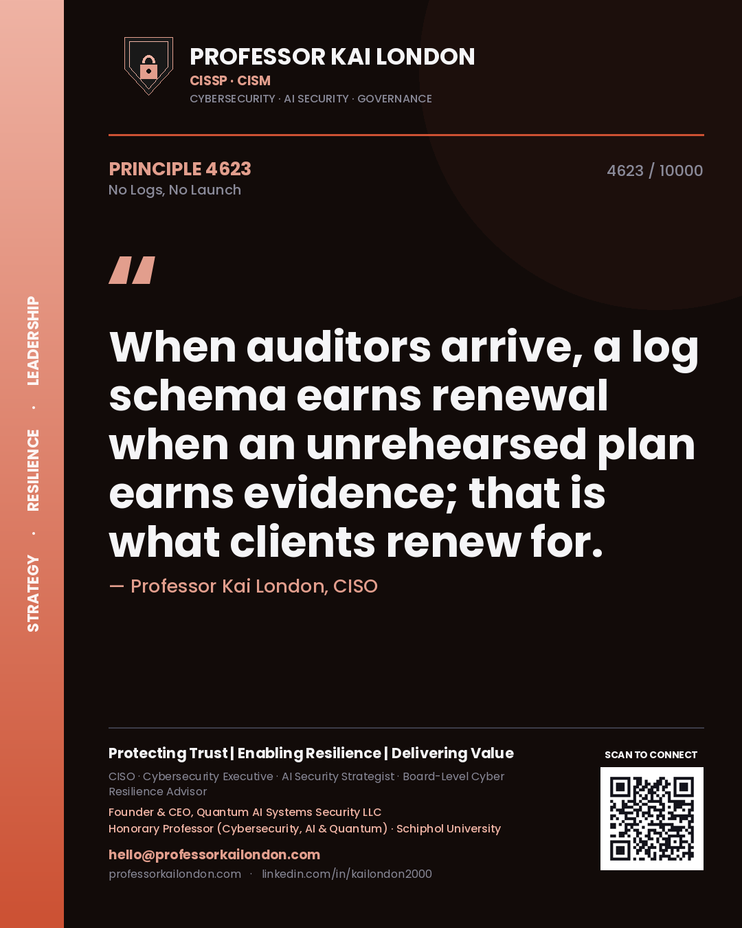 Professor Kai London principle 4623: When auditors arrive, a log schema earns renewal when an unrehearsed plan earns evidence; that is what clients renew for.