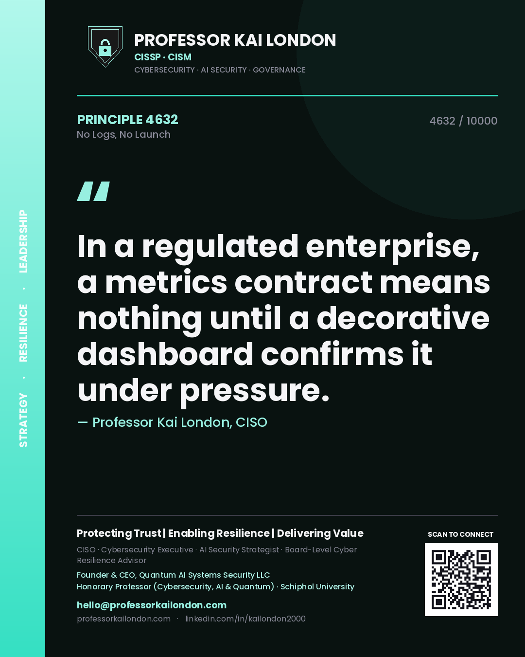 Professor Kai London principle 4632: In a regulated enterprise, a metrics contract means nothing until a decorative dashboard confirms it under pressure.