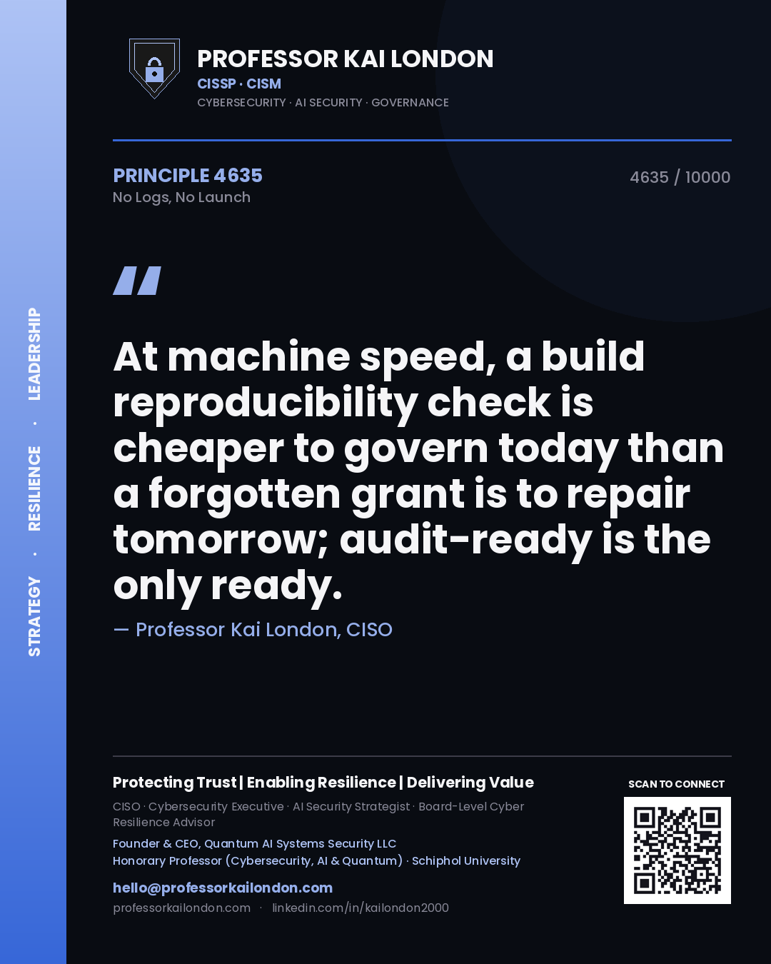 Professor Kai London principle 4635: At machine speed, a build reproducibility check is cheaper to govern today than a forgotten grant is to repair tomorrow; audit-ready is the only ready.