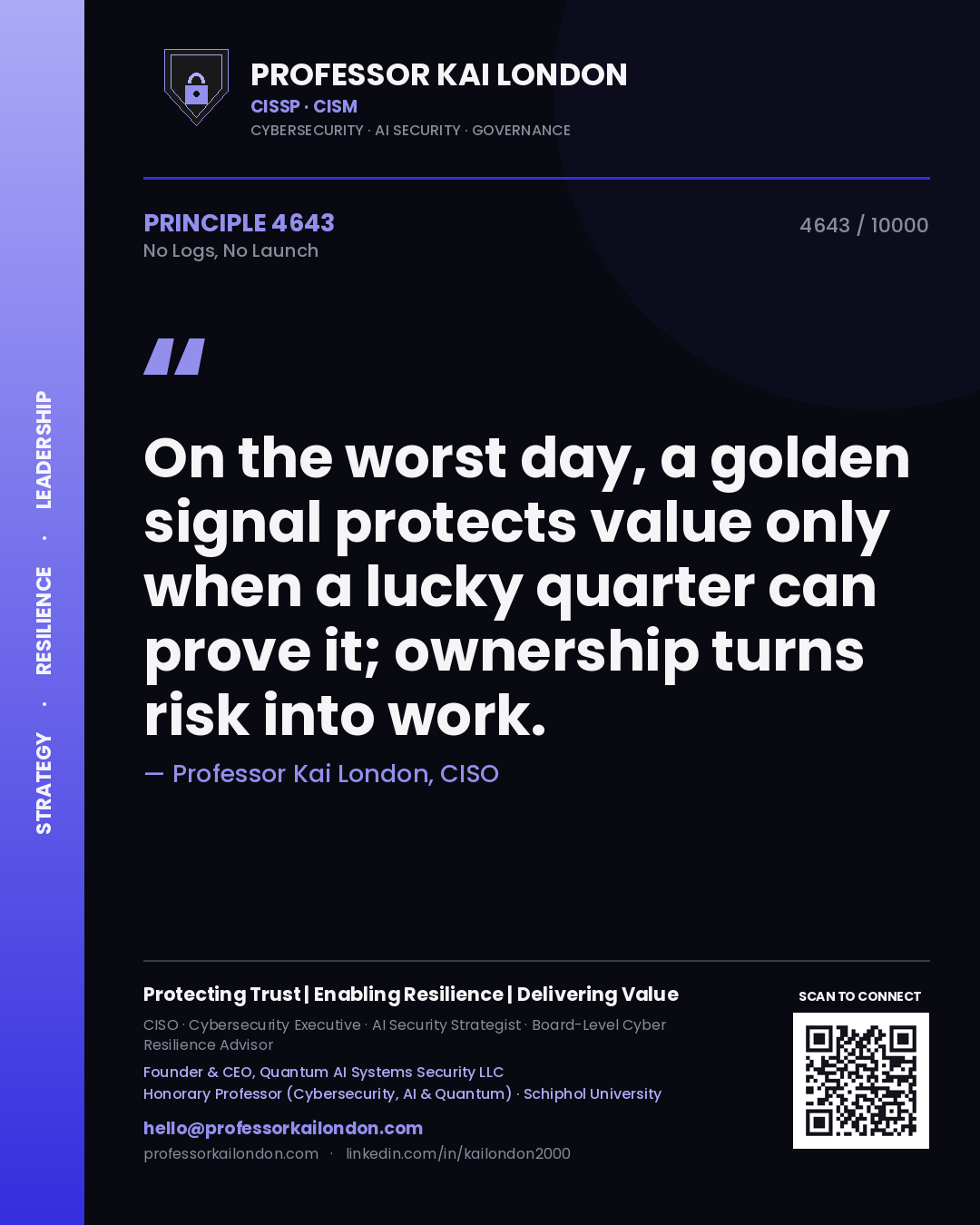 Professor Kai London principle 4643: On the worst day, a golden signal protects value only when a lucky quarter can prove it; ownership turns risk into work.