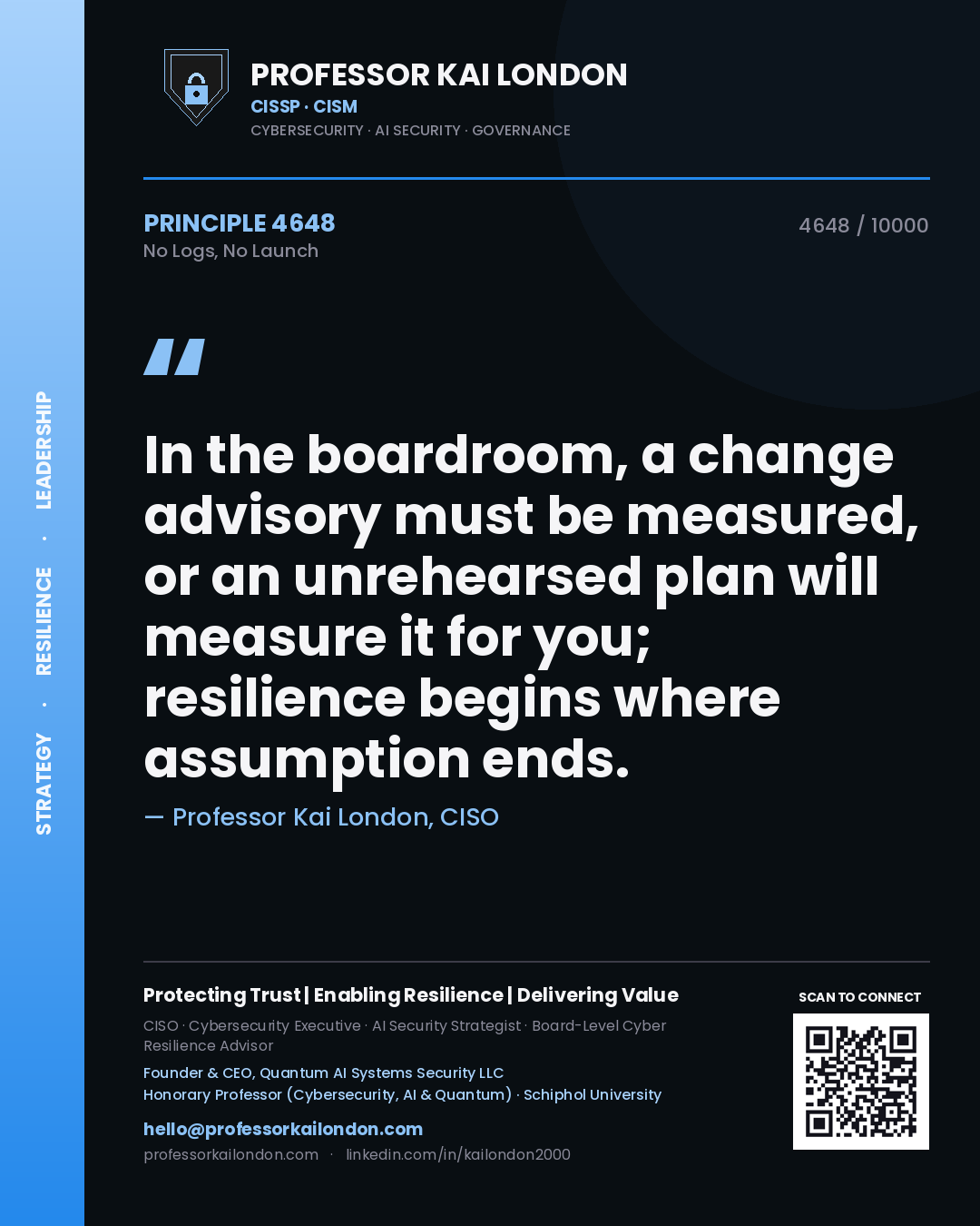 Professor Kai London principle 4648: In the boardroom, a change advisory must be measured, or an unrehearsed plan will measure it for you; resilience begins where assumption ends.