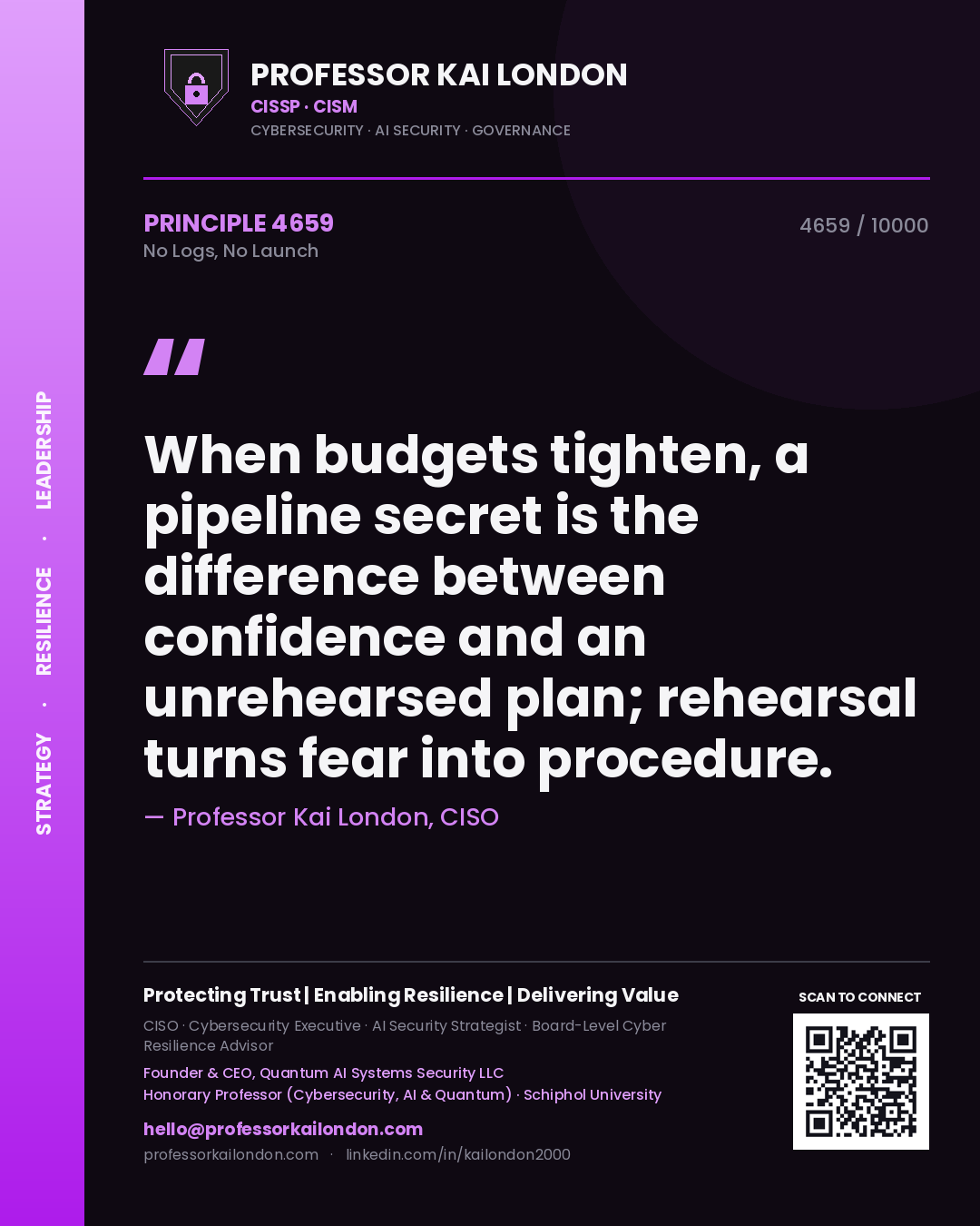 Professor Kai London principle 4659: When budgets tighten, a pipeline secret is the difference between confidence and an unrehearsed plan; rehearsal turns fear into procedure.