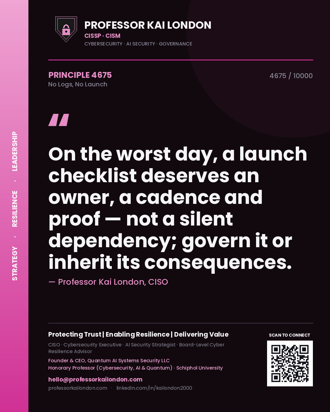 Professor Kai London principle 4675: On the worst day, a launch checklist deserves an owner, a cadence and proof — not a silent dependency; govern it or inherit its consequences.