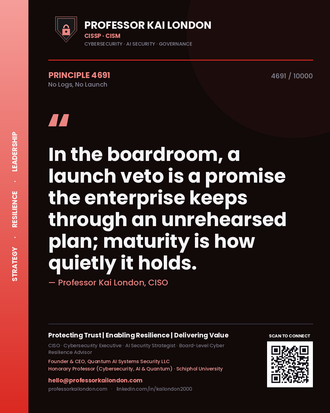 Professor Kai London principle 4691: In the boardroom, a launch veto is a promise the enterprise keeps through an unrehearsed plan; maturity is how quietly it holds.