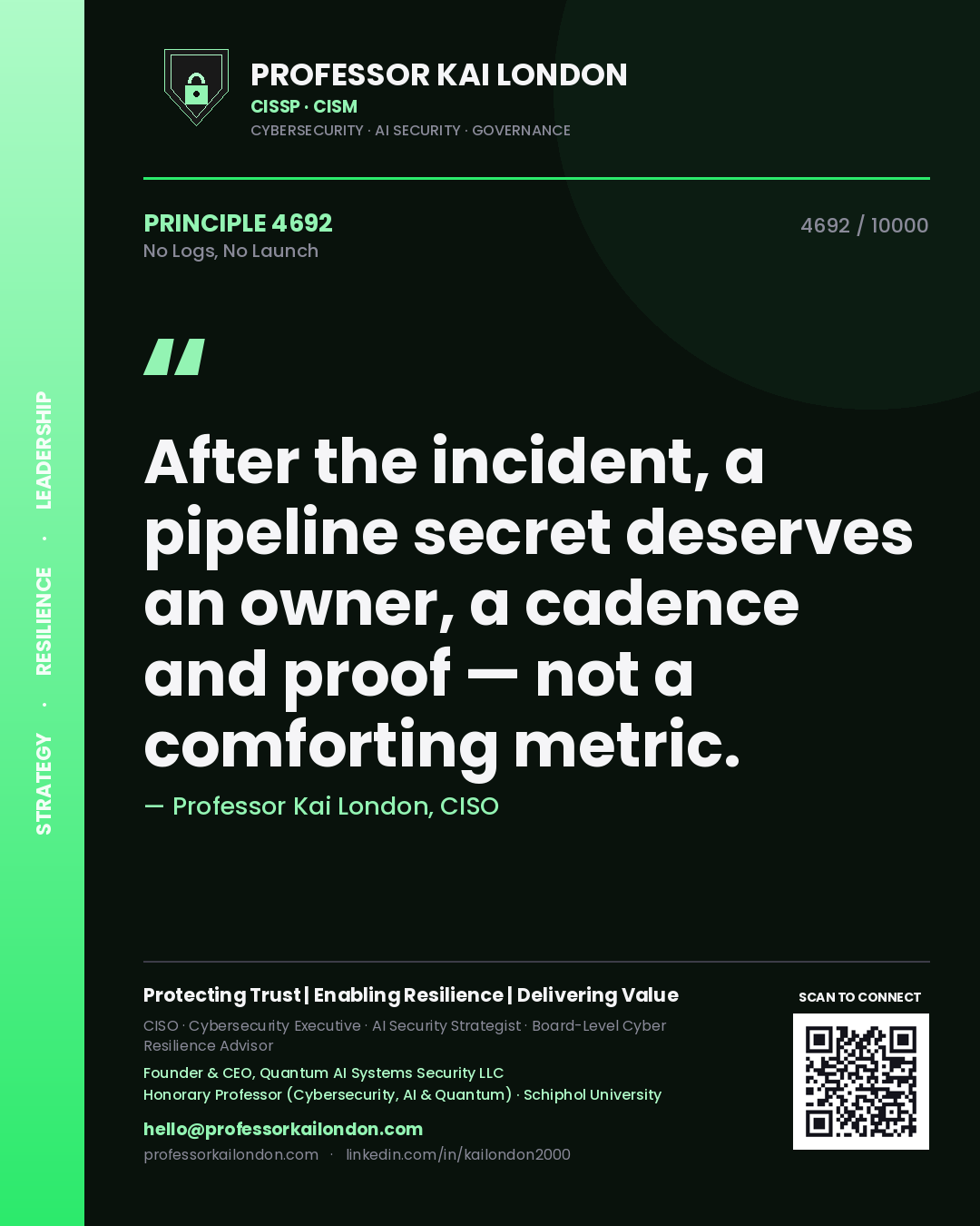 Professor Kai London principle 4692: After the incident, a pipeline secret deserves an owner, a cadence and proof — not a comforting metric.