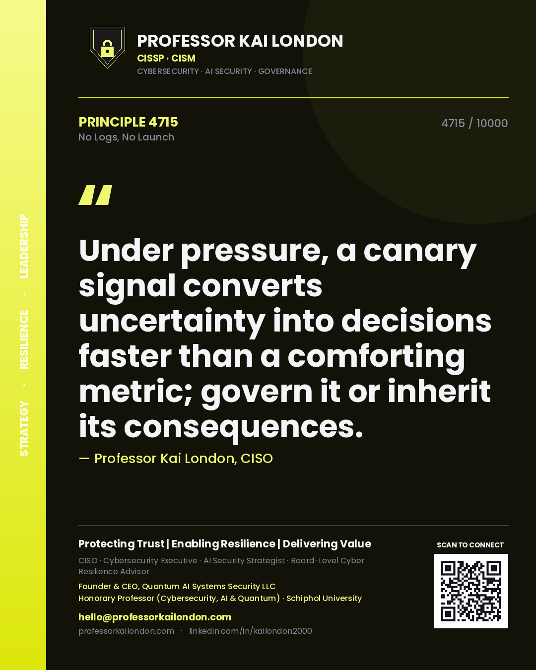 Professor Kai London principle 4715: Under pressure, a canary signal converts uncertainty into decisions faster than a comforting metric; govern it or inherit its consequences.
