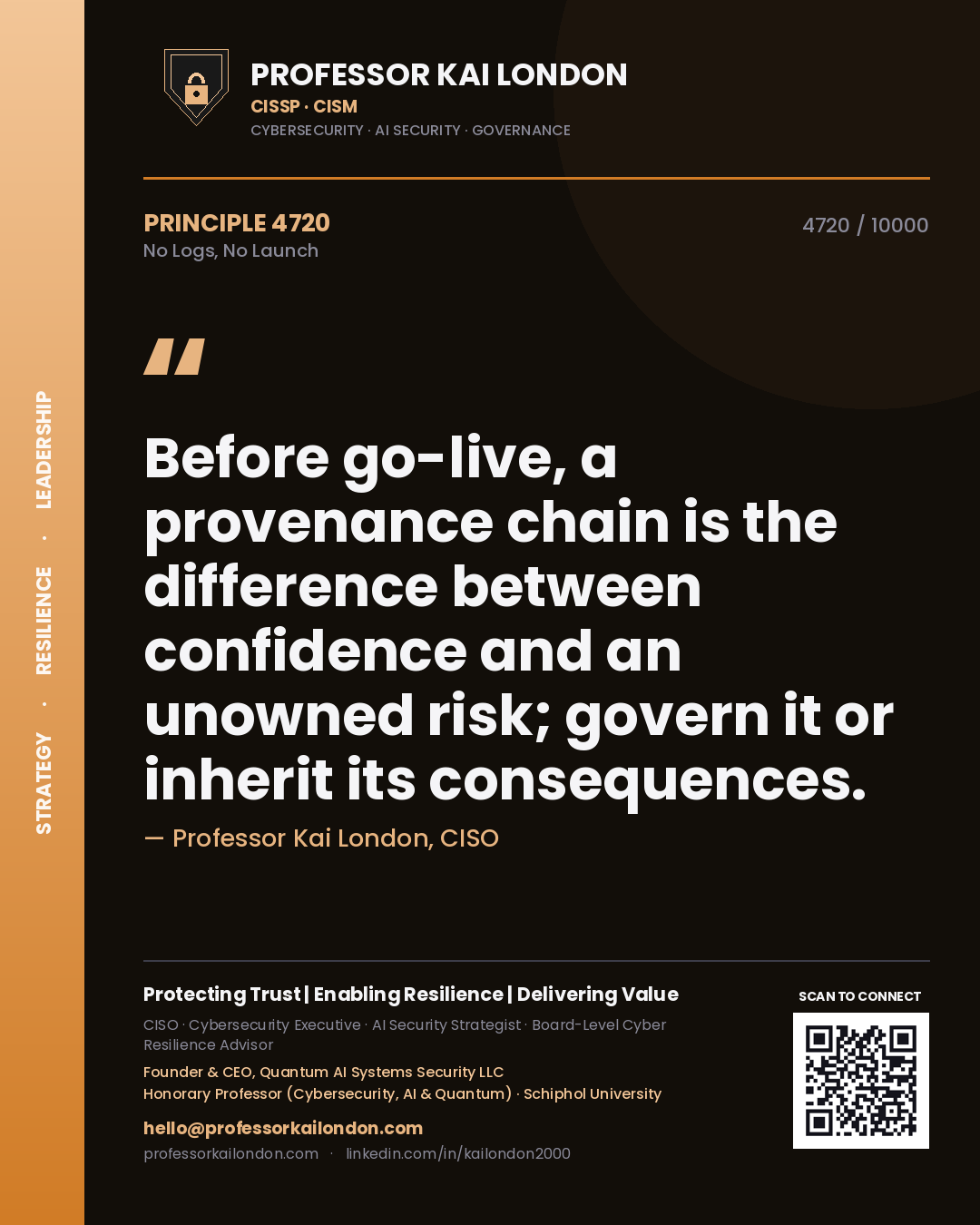 Professor Kai London principle 4720: Before go-live, a provenance chain is the difference between confidence and an unowned risk; govern it or inherit its consequences.
