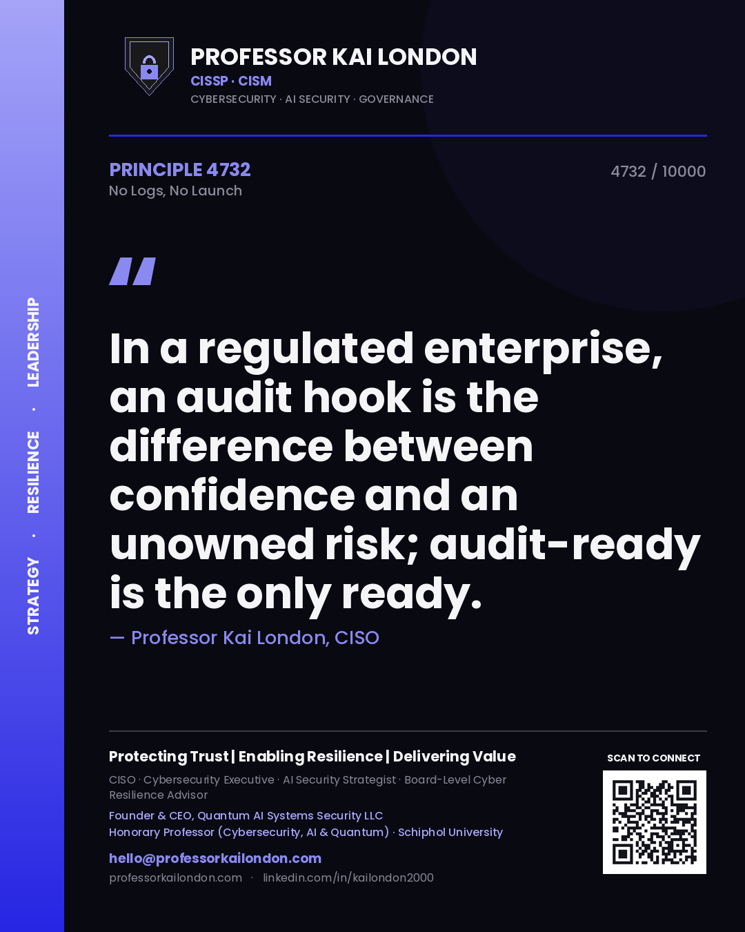 Professor Kai London principle 4732: In a regulated enterprise, an audit hook is the difference between confidence and an unowned risk; audit-ready is the only ready.