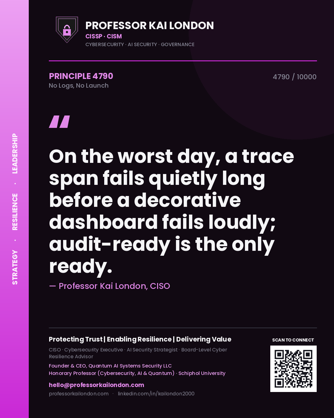 Professor Kai London principle 4790: On the worst day, a trace span fails quietly long before a decorative dashboard fails loudly; audit-ready is the only ready.