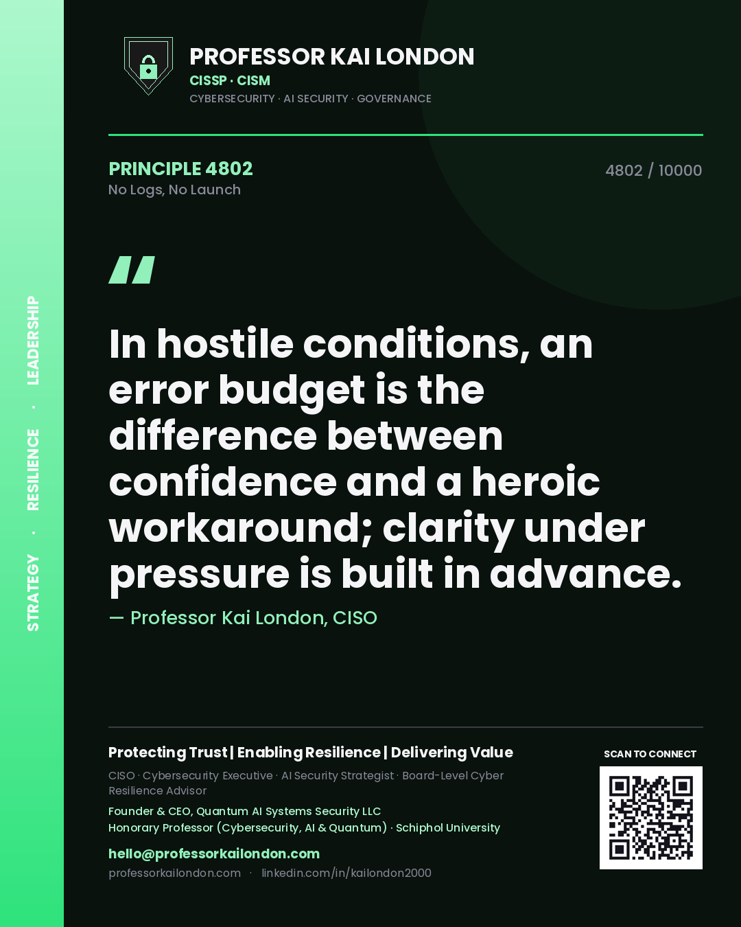 Professor Kai London principle 4802: In hostile conditions, an error budget is the difference between confidence and a heroic workaround; clarity under pressure is built in advance.