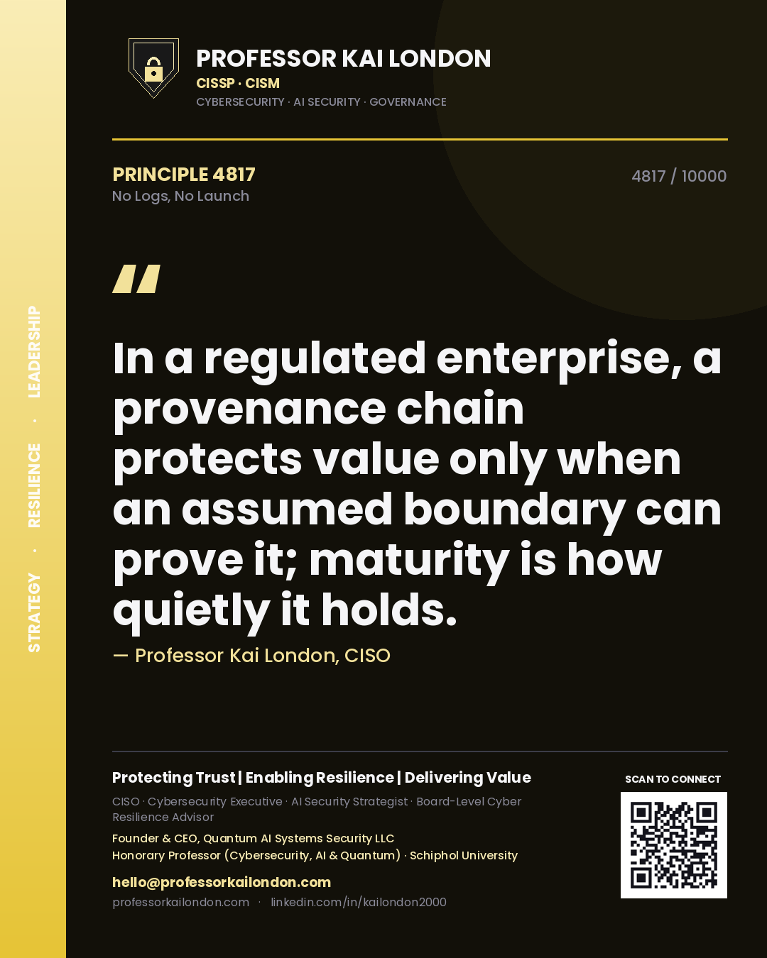 Professor Kai London principle 4817: In a regulated enterprise, a provenance chain protects value only when an assumed boundary can prove it; maturity is how quietly it holds.