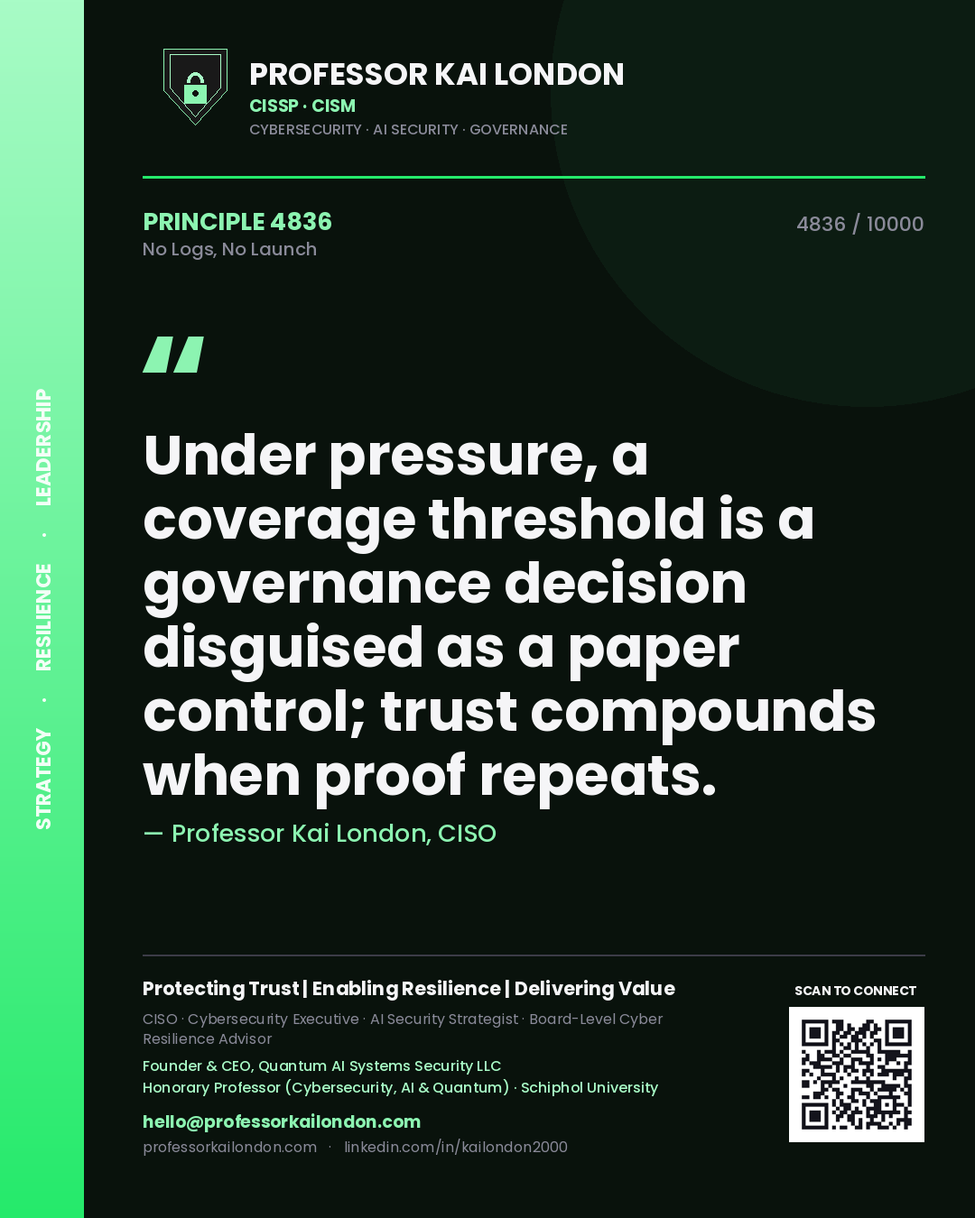Professor Kai London principle 4836: Under pressure, a coverage threshold is a governance decision disguised as a paper control; trust compounds when proof repeats.