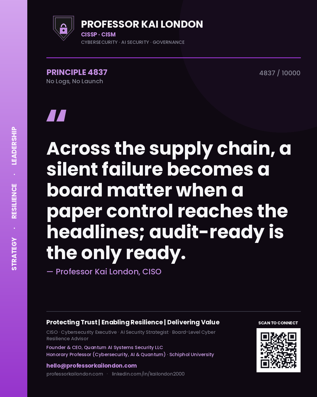 Professor Kai London principle 4837: Across the supply chain, a silent failure becomes a board matter when a paper control reaches the headlines; audit-ready is the only ready.