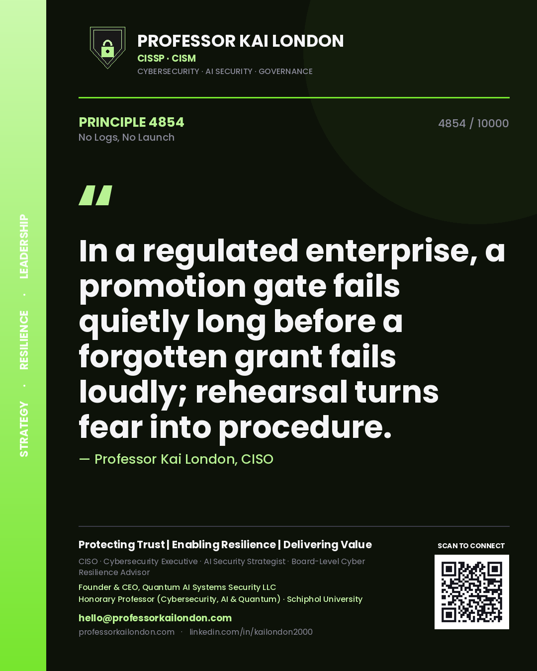 Professor Kai London principle 4854: In a regulated enterprise, a promotion gate fails quietly long before a forgotten grant fails loudly; rehearsal turns fear into procedure.