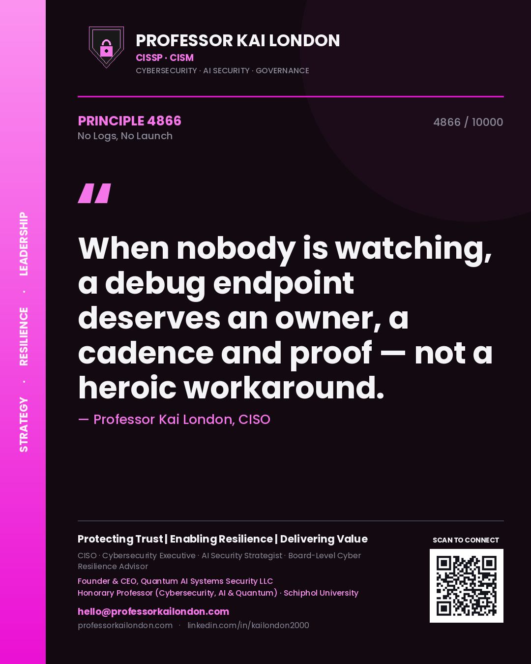 Professor Kai London principle 4866: When nobody is watching, a debug endpoint deserves an owner, a cadence and proof — not a heroic workaround.