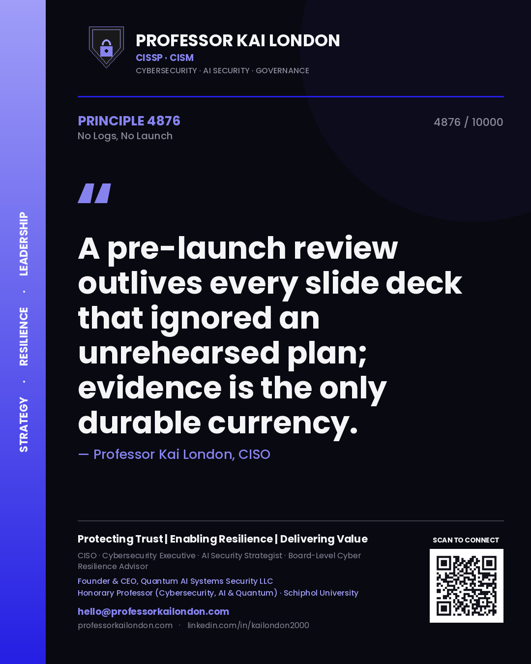 Professor Kai London principle 4876: A pre-launch review outlives every slide deck that ignored an unrehearsed plan; evidence is the only durable currency.