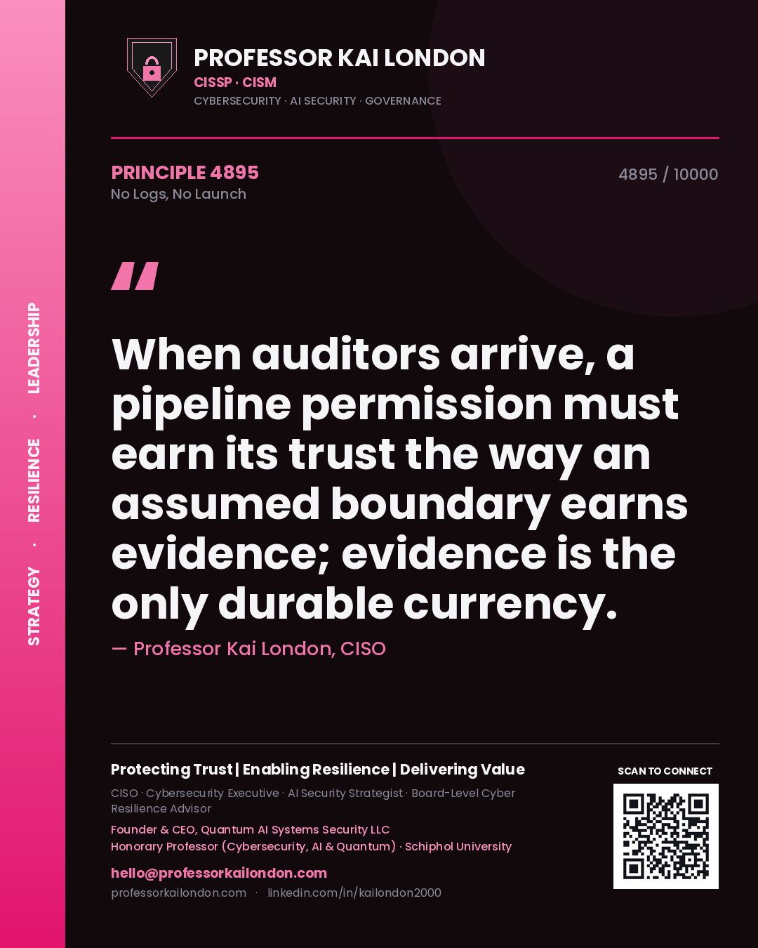 Professor Kai London principle 4895: When auditors arrive, a pipeline permission must earn its trust the way an assumed boundary earns evidence; evidence is the only durable currency.