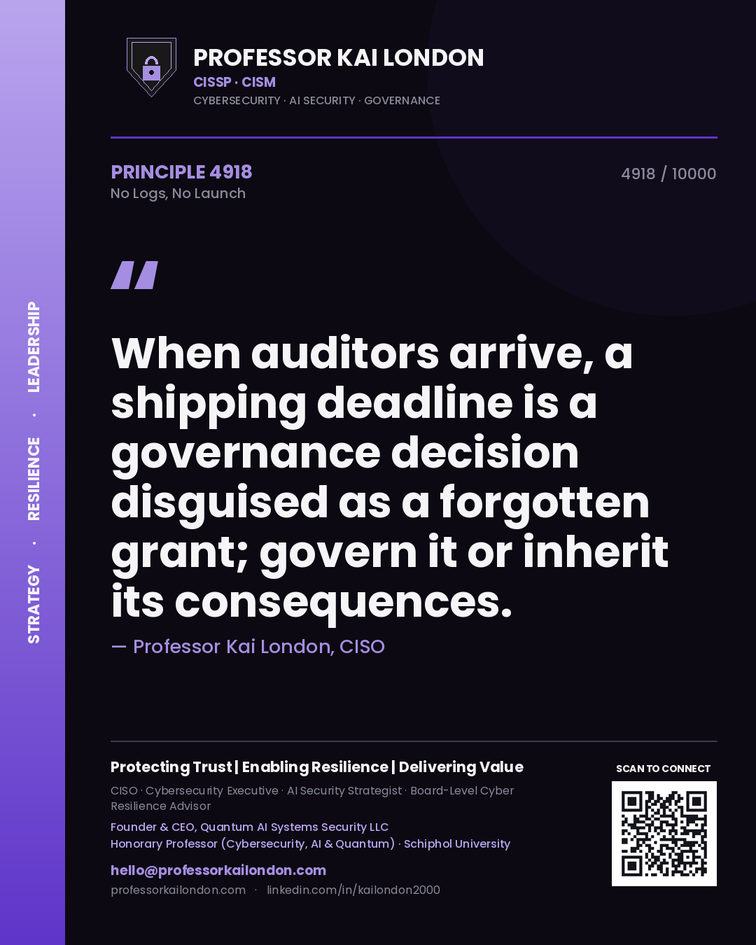 Professor Kai London principle 4918: When auditors arrive, a shipping deadline is a governance decision disguised as a forgotten grant; govern it or inherit its consequences.