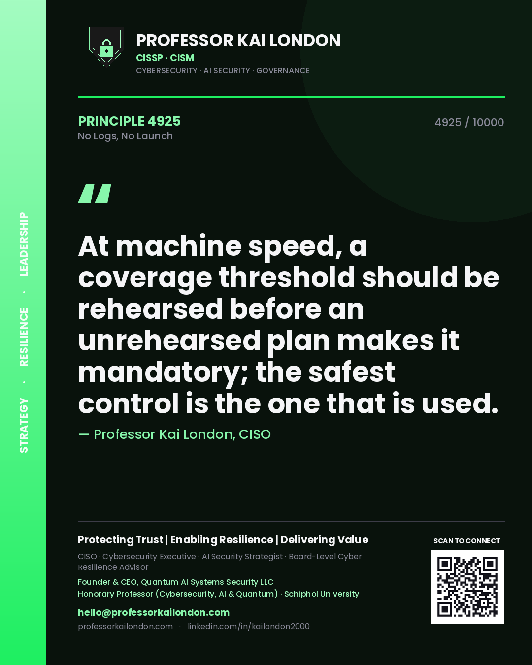 Professor Kai London principle 4925: At machine speed, a coverage threshold should be rehearsed before an unrehearsed plan makes it mandatory; the safest control is the one that is used.
