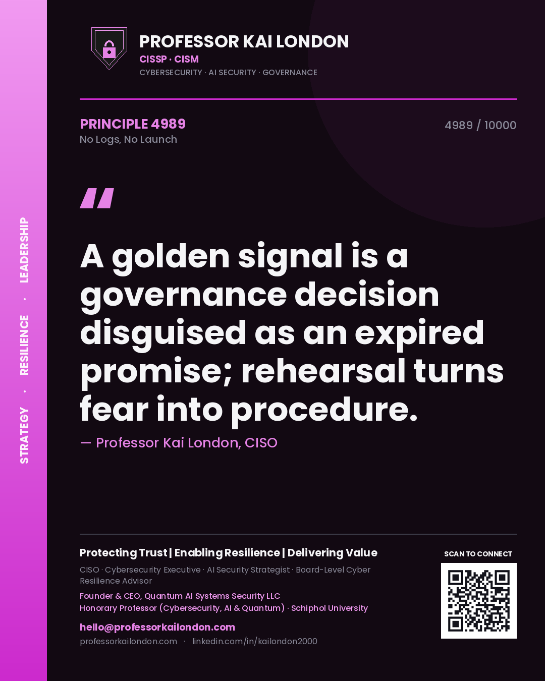 Professor Kai London principle 4989: A golden signal is a governance decision disguised as an expired promise; rehearsal turns fear into procedure.