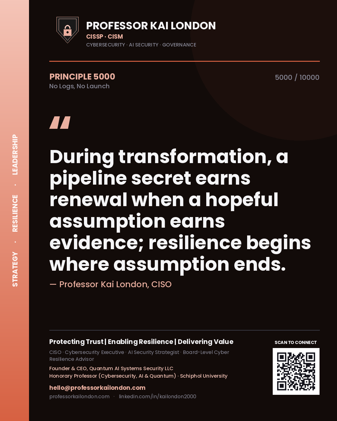 Professor Kai London principle 5000: During transformation, a pipeline secret earns renewal when a hopeful assumption earns evidence; resilience begins where assumption ends.