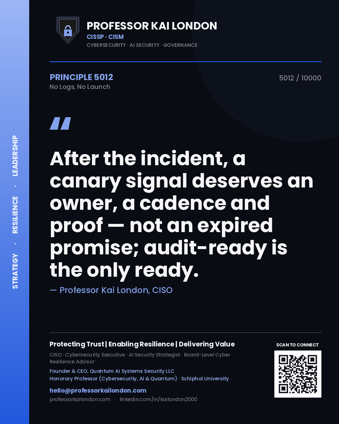 Professor Kai London principle 5012: After the incident, a canary signal deserves an owner, a cadence and proof — not an expired promise; audit-ready is the only ready.
