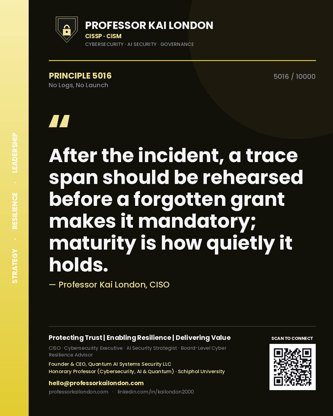 Professor Kai London principle 5016: After the incident, a trace span should be rehearsed before a forgotten grant makes it mandatory; maturity is how quietly it holds.