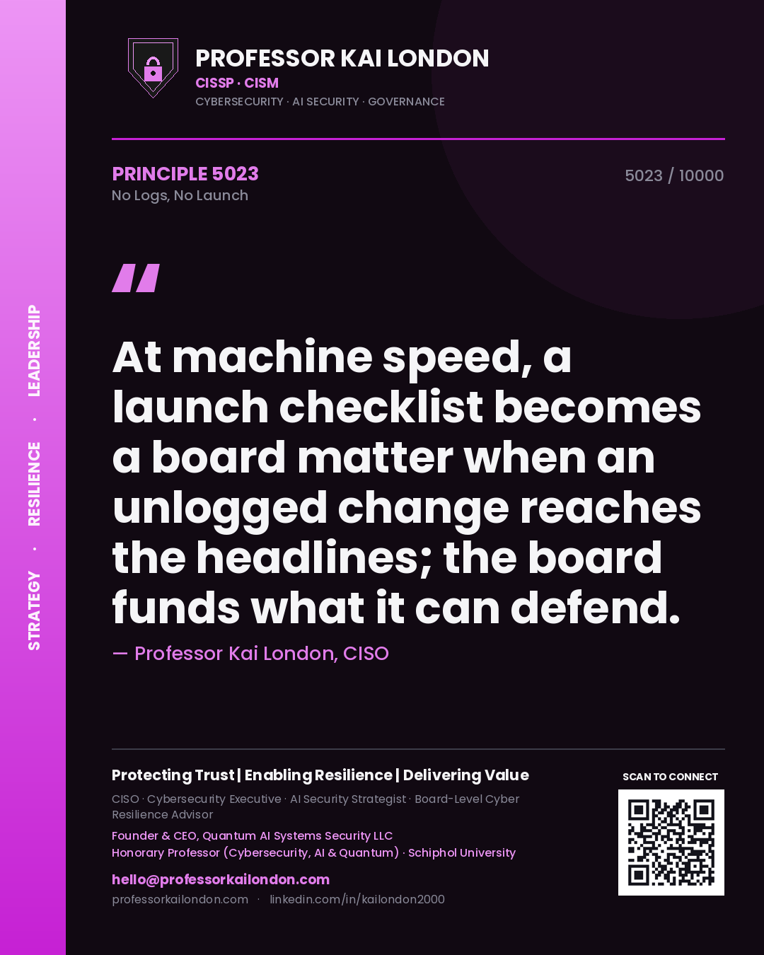 Professor Kai London principle 5023: At machine speed, a launch checklist becomes a board matter when an unlogged change reaches the headlines; the board funds what it can defend.