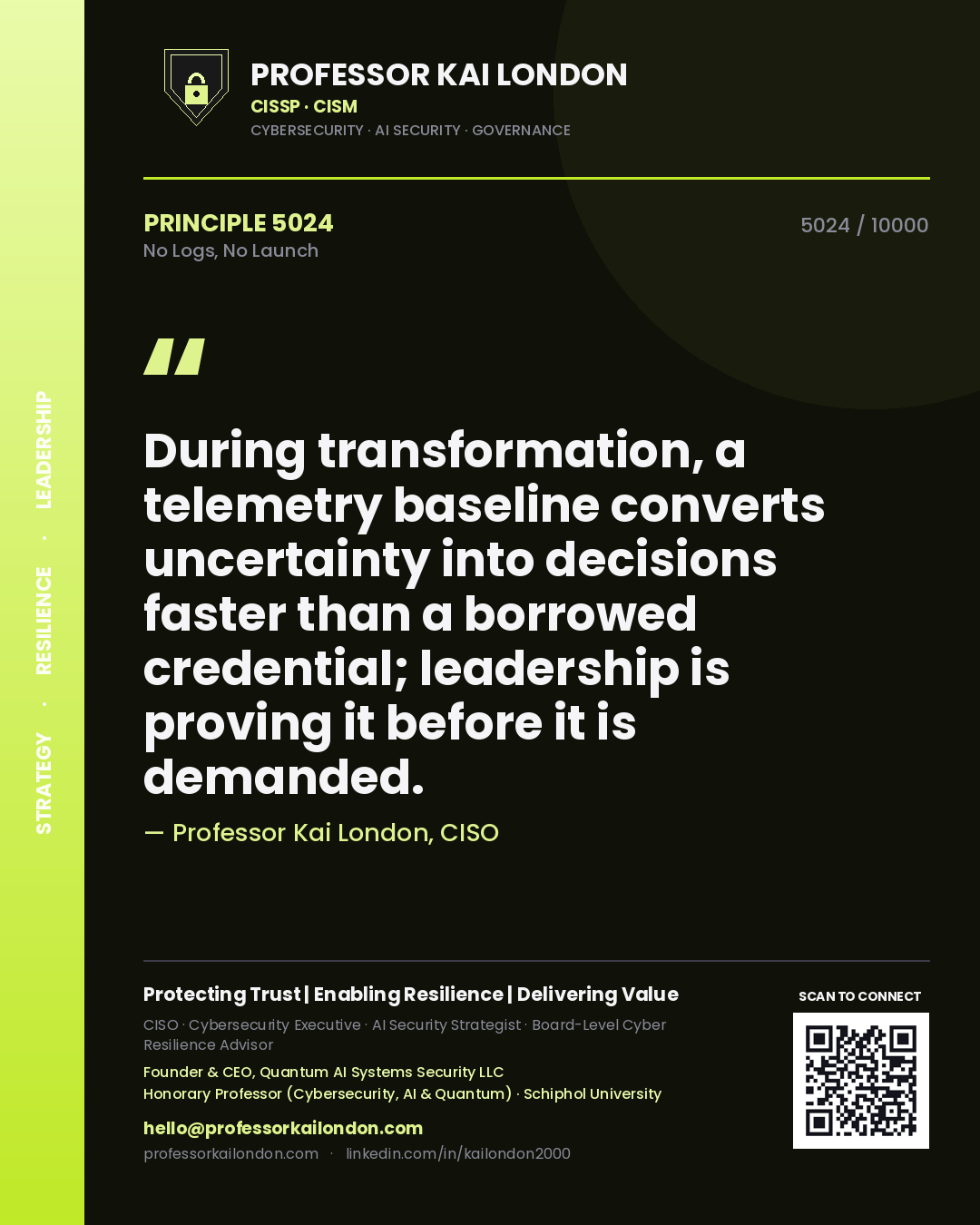 Professor Kai London principle 5024: During transformation, a telemetry baseline converts uncertainty into decisions faster than a borrowed credential; leadership is proving it before it is demanded.