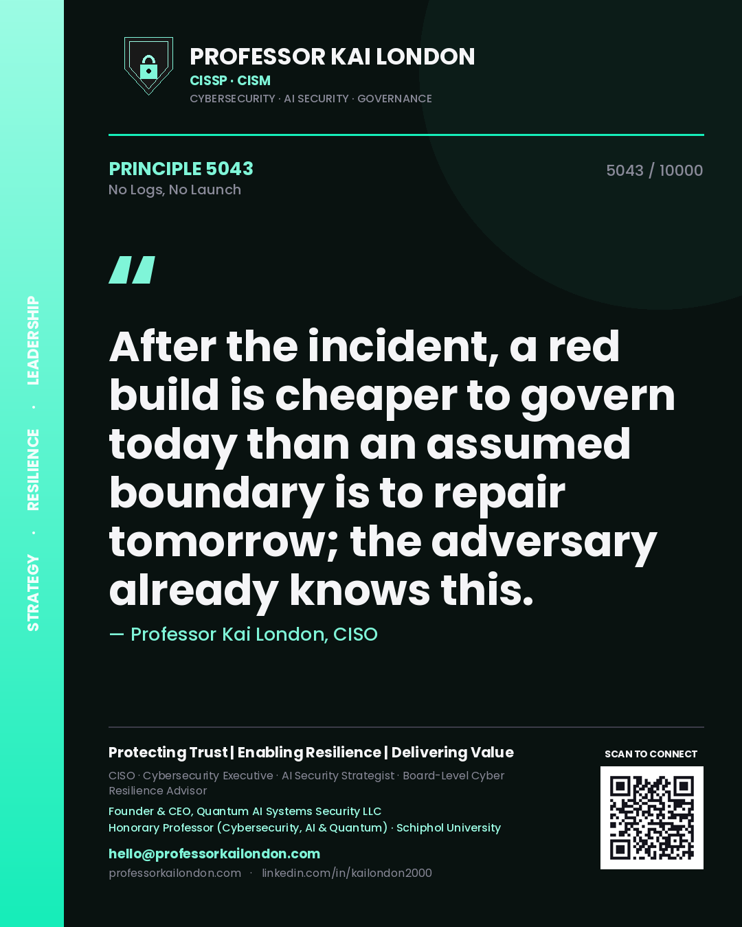Professor Kai London principle 5043: After the incident, a red build is cheaper to govern today than an assumed boundary is to repair tomorrow; the adversary already knows this.
