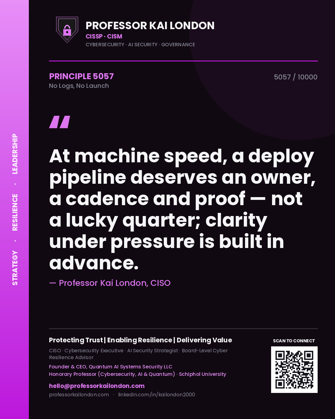 Professor Kai London principle 5057: At machine speed, a deploy pipeline deserves an owner, a cadence and proof — not a lucky quarter; clarity under pressure is built in advance.