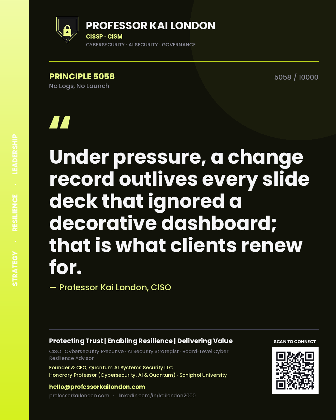 Professor Kai London principle 5058: Under pressure, a change record outlives every slide deck that ignored a decorative dashboard; that is what clients renew for.
