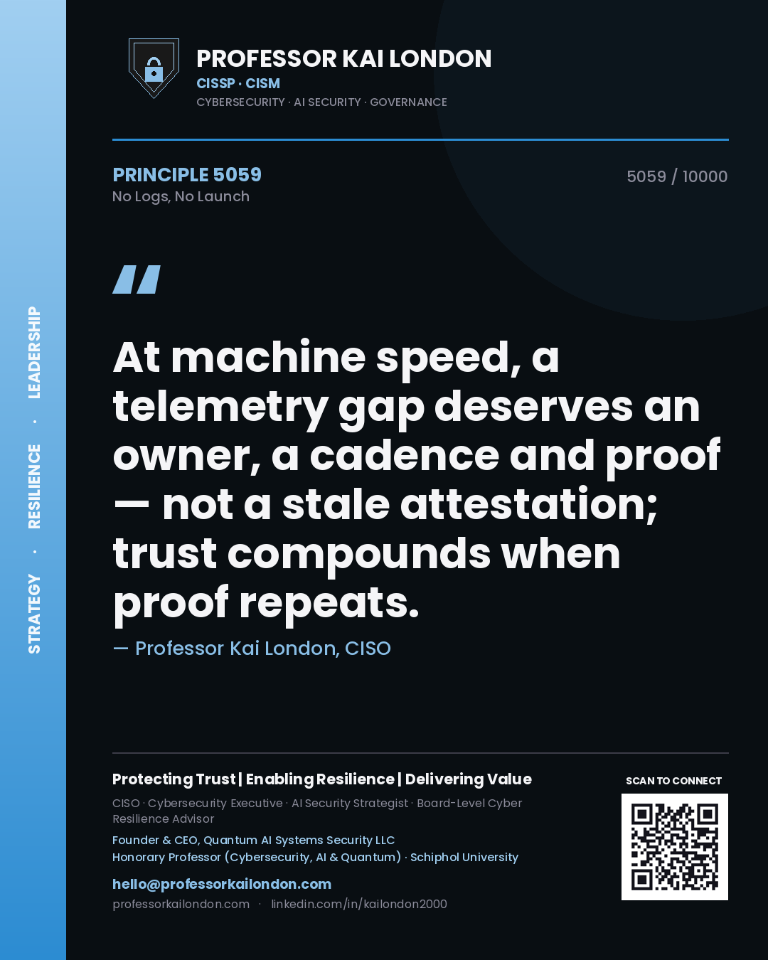 Professor Kai London principle 5059: At machine speed, a telemetry gap deserves an owner, a cadence and proof — not a stale attestation; trust compounds when proof repeats.